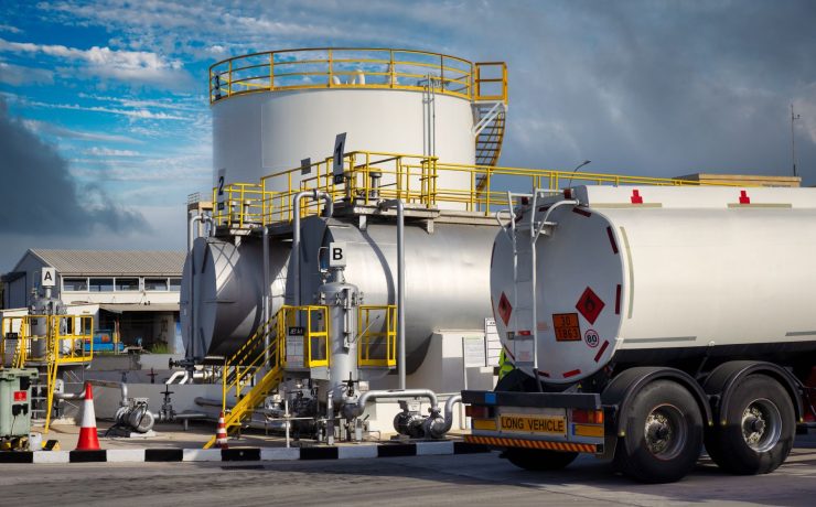 Equipment of the fuel terminal of the international airport. Jet A1 fuel transfer pumps, tanker and stored fuel tanks, firefighting equipment and filling station